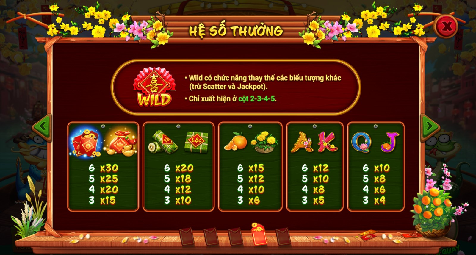 Nổ Hũ Sắc Xuân Chợ Tết King88 - Rinh lộc đầu năm cực đã 2 Biểu tượng Wild trong game được thể hiện bằng chữ "Hỷ" màu vàng trên nền đỏ